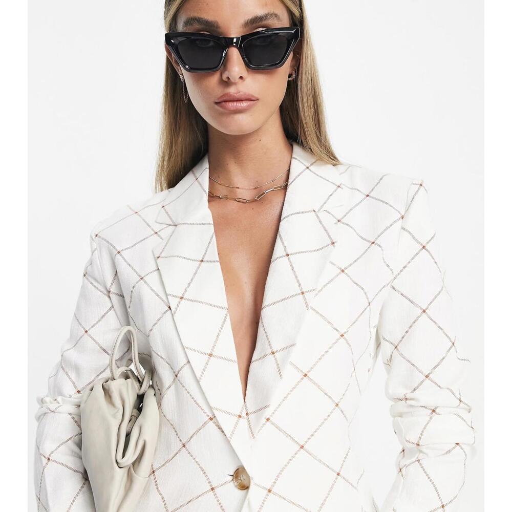 ASOS DESIGN linen grid check suit blazer in cream size US 14‎ UK 18 - Picture 2 of 5